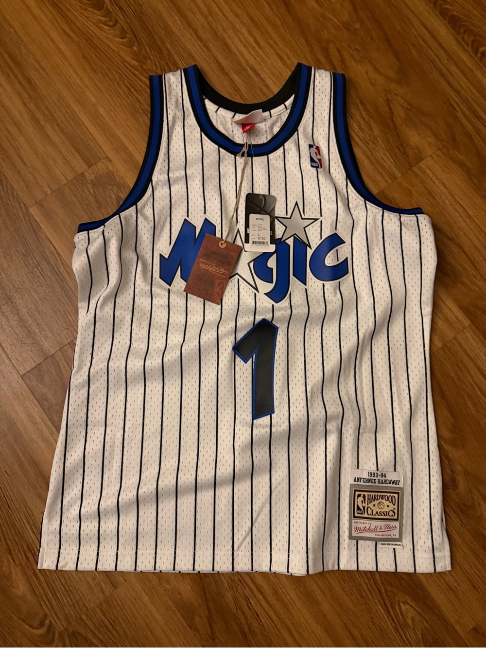 Mitchell & Ness Orlando Magic White & Blue Pinstripe #1 Hardwood Classics Jersey